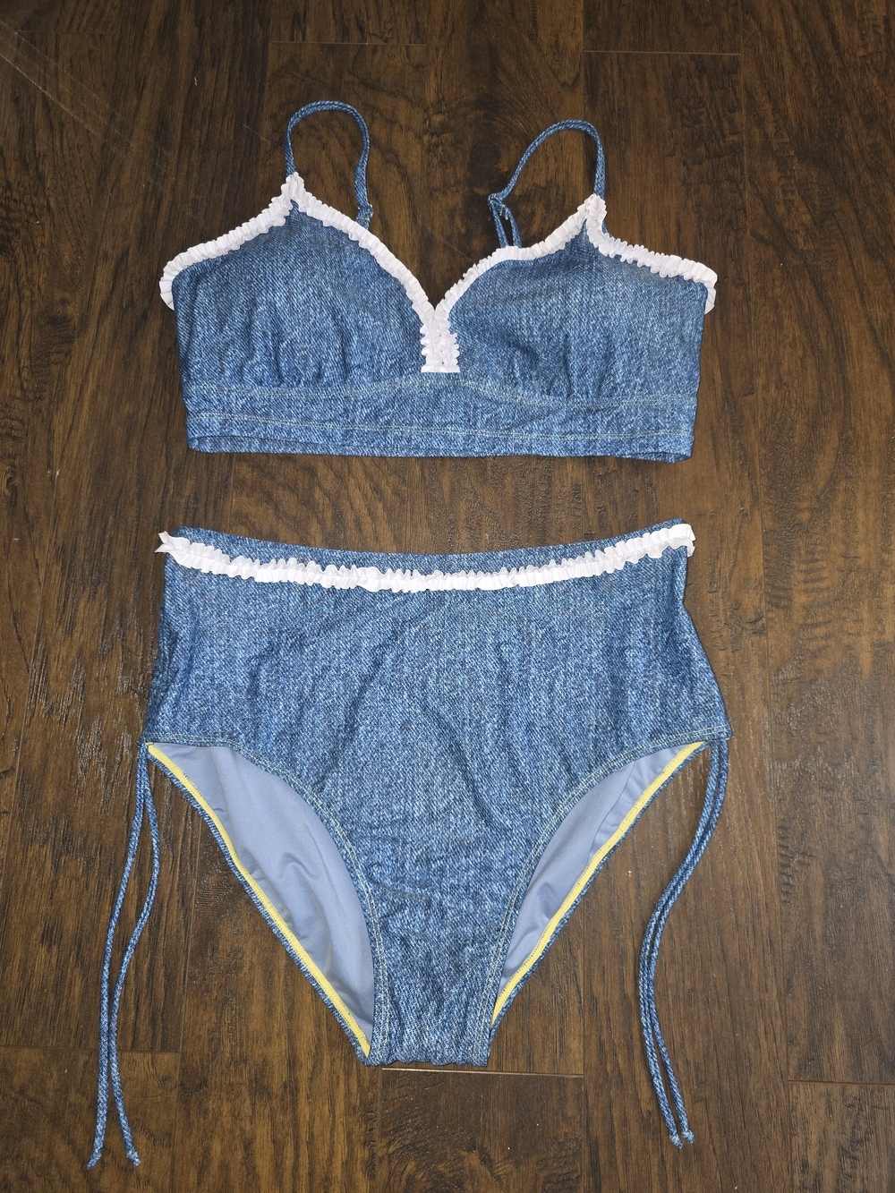 Blue High-Waist Bikini Set with White Trim